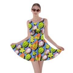 Papaya Blue Red Pattern With Strawberries Graphic Stylized Drawing Skater Dress