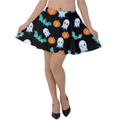 Kawaii Black Funny Ghost Prints Velvet Skater Skirt by CoolDesigns