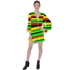 Bright African Print Dashiki Rasta V-neck Flare Sleeve Mini Dress by CoolDesigns