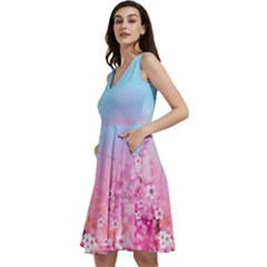 Sky Blue Pink Floral Print V-neck Skater Dress With Pockets by CoolDesigns