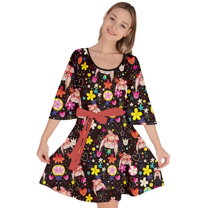 Floral Black Cute Rabbit Kawaii Velour Kimono Dress