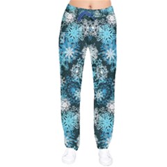 Snowflakes Dark Cyan Christmas Night Stretch Women Velvet Drawstring Pants by CoolDesigns