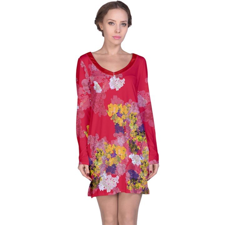 Hand draw Red Vintage Japanese Floral Pattern Long Sleeve Nightdress