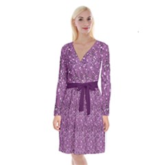 Purple Tree Pattern Japanese Cherry Blossom Chiffon Mesh Long Sleeve Velvet Front Wrap Dress