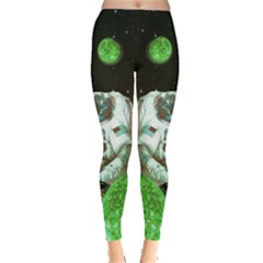 Kitty Cat Grumpy Face Green Leggings  by CoolDesigns