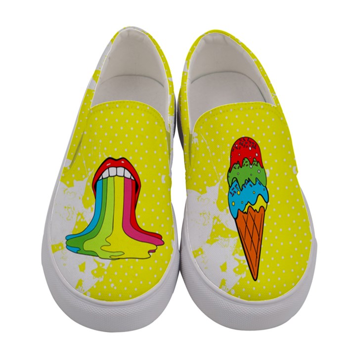 Yellow Pop Art  Rainbow Lips Prints Womens Slip Ons