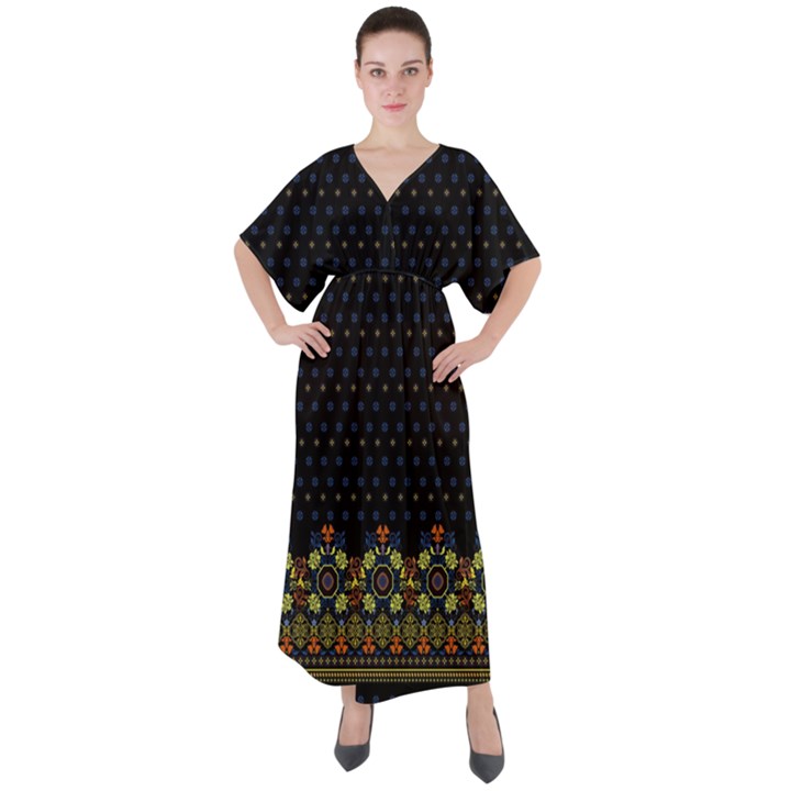 Vintage Black Tribal V-Neck Boho Style Maxi Dress  