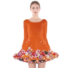 Orange Japanese Style Cherry Blossom Long Sleeve Velvet Skater Dress