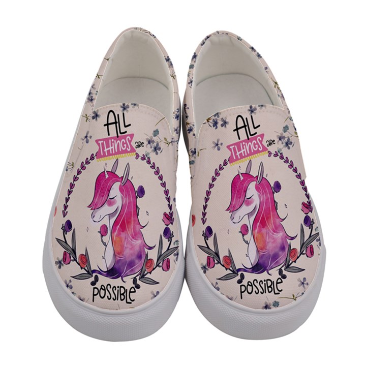 Peach Puff Unicorn All Things Possible Print Canvas Slip Ons