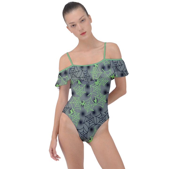 Shadow Webs Spiders Lime Frill Detail One Piece Swimsuit