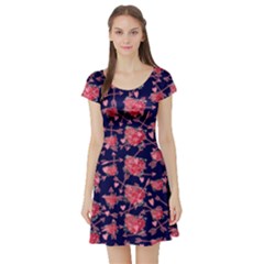 Navy Arrows Pink Cute Pink Valentine Day Pattern Cute Hearts Short Sleeve Skater Dress by CoolDesigns