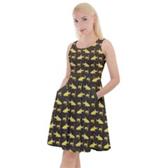 Brown Yellow Sharks And Underwater Masks Knee Length Skater Dress With Pockets