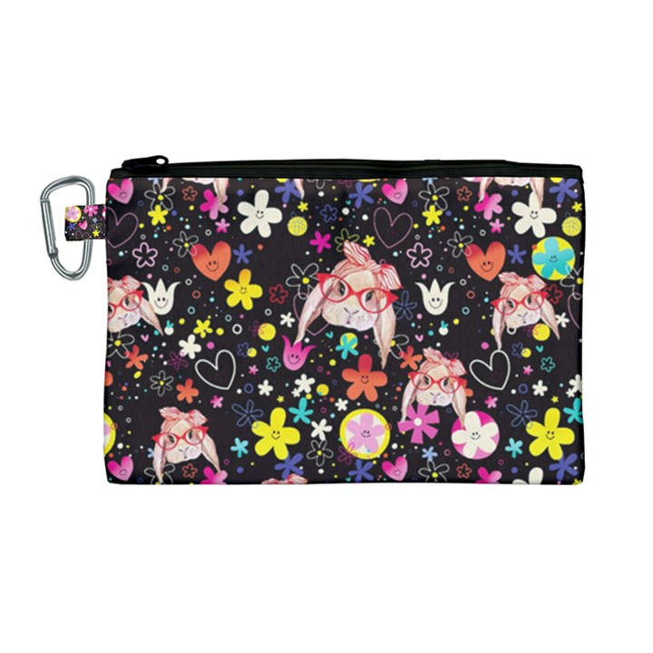 Floral Black Cute Rabbit Kawaii Large Canvas Cosmetic Bag