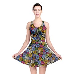 Floral Colorful Daisies On Black Reversible Skater Dress