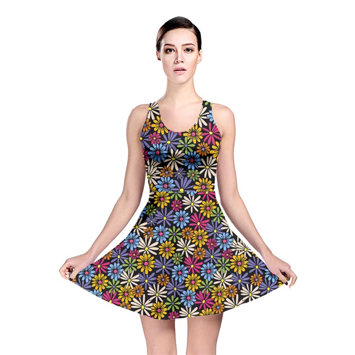 Floral Colorful Daisies on Black Reversible Skater Dress