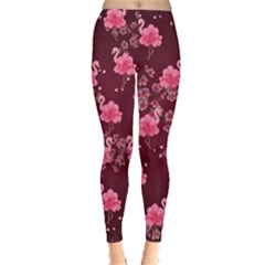 Girly Flamingo Bird Flowers Dark Red Leggings by CoolDesigns