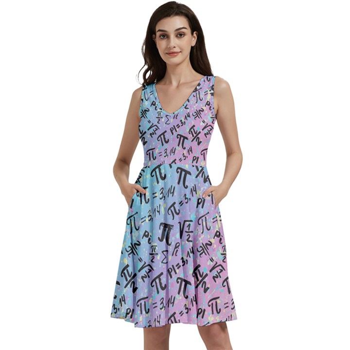 Symbols Mathematics Light Blue & Pink Pie Formula Sleeveless V-Neck Skater Dress with Pockets