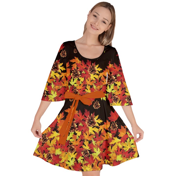 Black Autumn Maple Leaves Seeds Velour Kimono Dress
