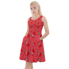 Crimson Red Pattern Strawberry Splashes Knee Length Skater Dress With Pockets
