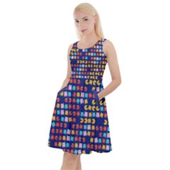 Fun Pixelated Cartoon Print Indigo Knee Length Skater Dress With Pockets