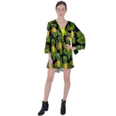 Black Pineapple V-neck Flare Sleeve Mini Dress by CoolDesigns