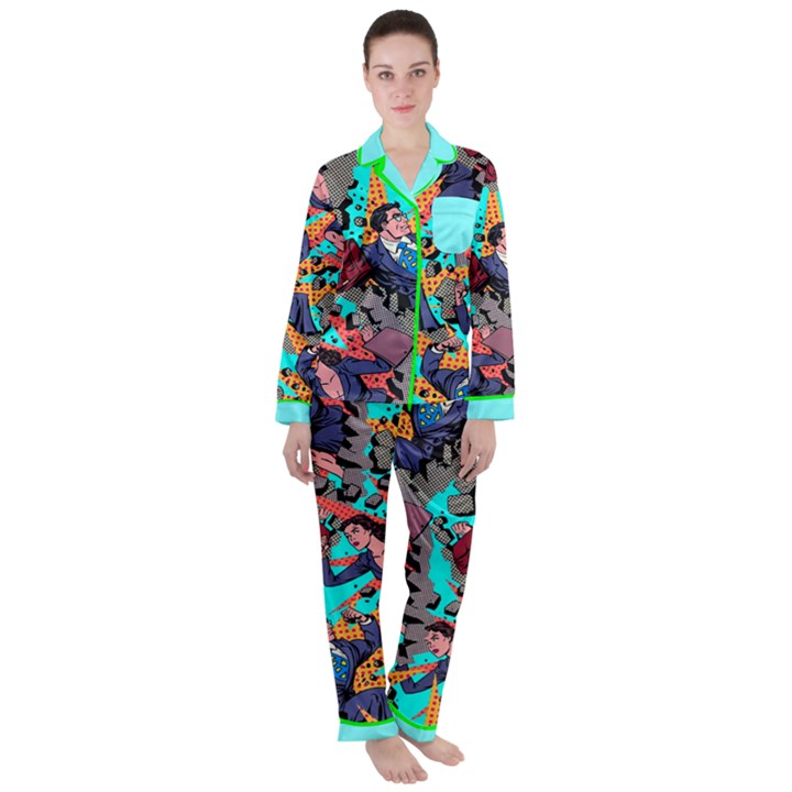 Cool Pop Art Comic Aqua Print Satin Long Sleeve Pajamas Set