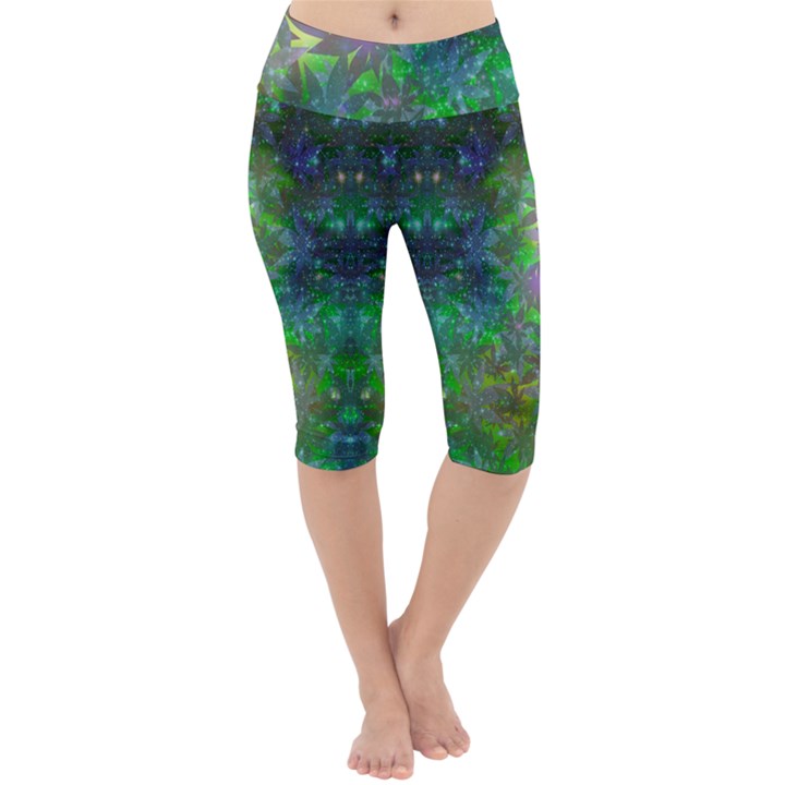 Space Green Stars Marijuana Leaf Pattern Lightweight Velour Cropped Yoga Leggings