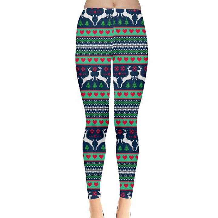 Christmas Tribal Dark Blue Reindeer Xmas Stretch Leggings