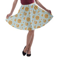 Sky Blue & Yellow Cartoon Pizza With Confetti A-line Skater Skirt