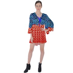 Us Tie Dye Blue & Red Water Pattern V-neck Flare Sleeve Mini Dress by CoolDesigns