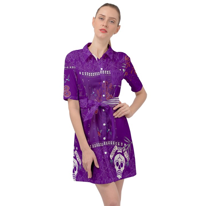 Skulls Indigo Gothic Pattern Punk Belted Shirt Dress