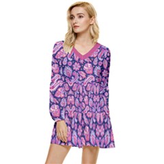 Purple Tone Pink Floral Tiered Long Sleeve Mini Dress by CoolDesigns