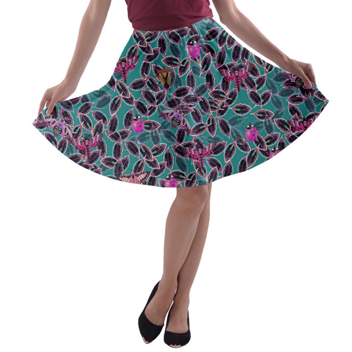 Autumn Leaves Teal Insect Moths Ladybugs A-line Skater Skirt