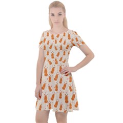 Orange Cute Pattern Fox Cap Sleeve Velour Dress 