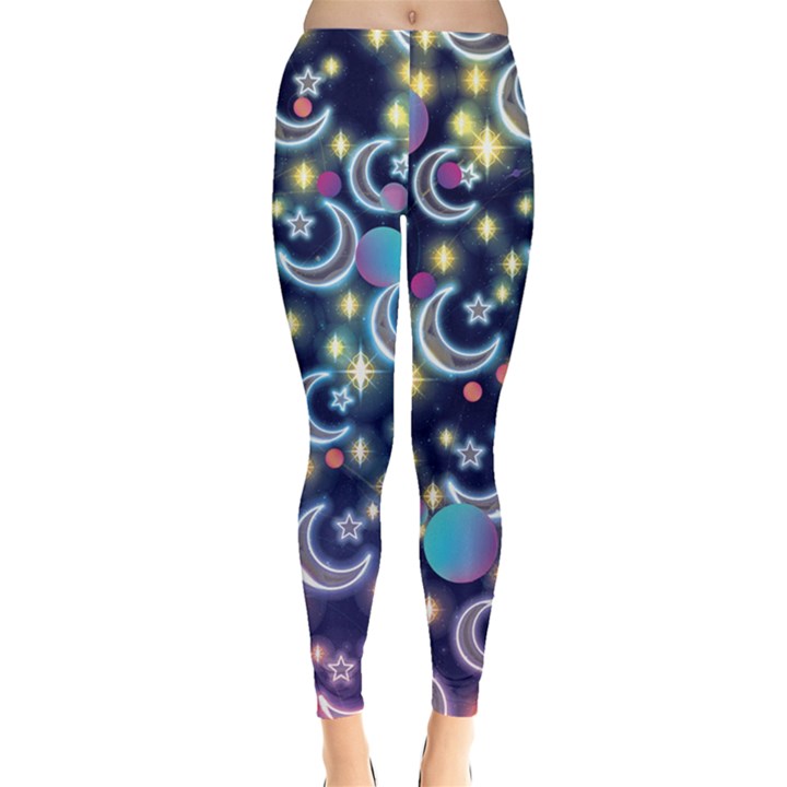 Shine Sparkle Print Dark Blue Stars Moon Leggings 