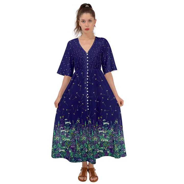 Flowy Dandelion Flower Print Dark Blue Kimono Sleeve Boho Dress