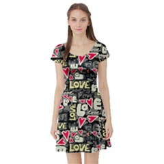 Love Doodles Dark Pink Cute Pink Valentine Day Pattern Cute Hearts Short Sleeve Skater Dress by CoolDesigns