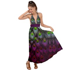 Elegant Peacock Purple Pattern Backless Maxi Beach Dress by CoolDesigns
