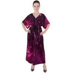 Hot Pink Space Black A Fun Night Sky the Moon and Stars V-Neck Boho Style Maxi Dress