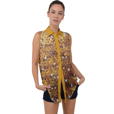Bee Honeycombs Brown Honey Insect Sleeveless Chiffon Button Shirt by CoolDesigns