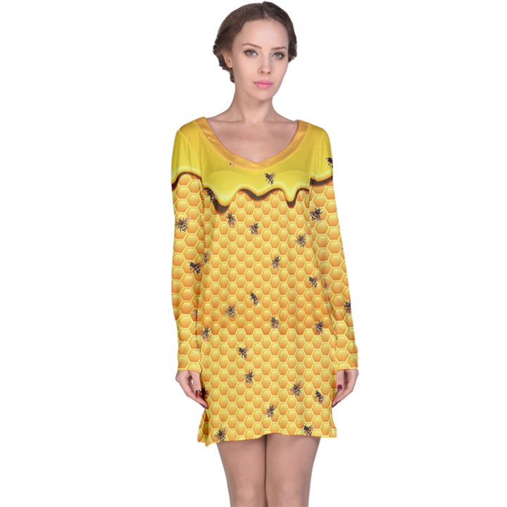 Bee Honeycombs Yellow Honey Insect Long Sleeve Nightdress