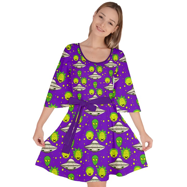 Rick Morty in Space Blue Violet Frizzle Letter Velour Kimono Dress