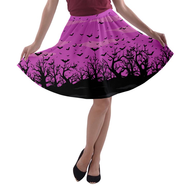 Bats Halloween Magenta & Black Night A-line Skater Skirt