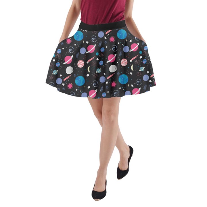 Space Galaxy Dim Gray Planet Pattern A-Line Skirt with Pockets
