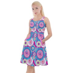 Light Blue & Pink Decorative Stylized Flowers Knee Length Skater Dress With Pockets