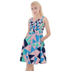 Pink Rhombuses Aztec Blue Knee Length Skater Dress With Pockets by CoolDesigns