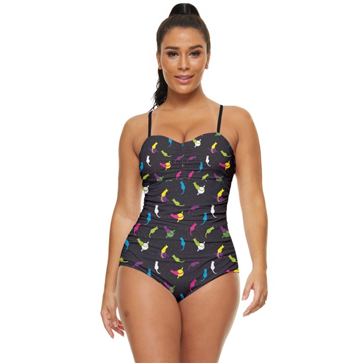 Colorful Space Cats Saturn and Stars Retro Full Coverage Swimsuit