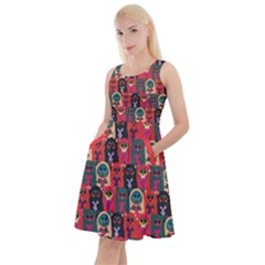 Crimson Red Cats With Hearts Stylish Knee Length Skater Dress With Pockets by CoolDesigns
