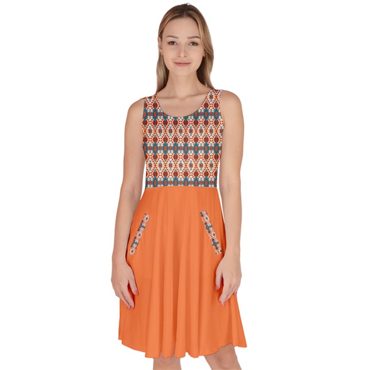 Orange Aztec Pattern Knee Length Skater Dress With Pockets