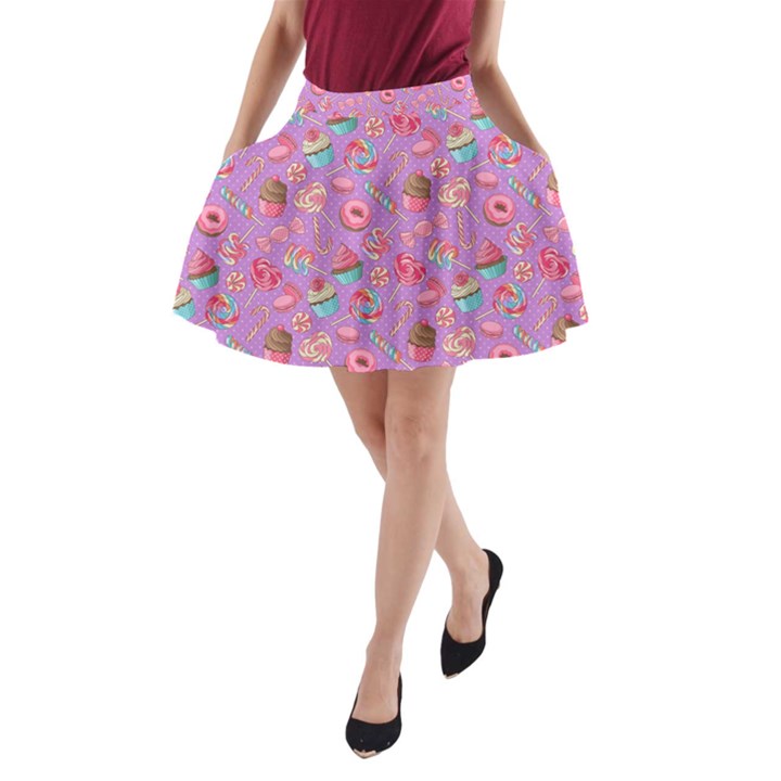 Lavendar Yummy Colorful Sweet Lollipop Candy Macaroon Cupcake Donut Seamless A-Line Pocket Skirt 